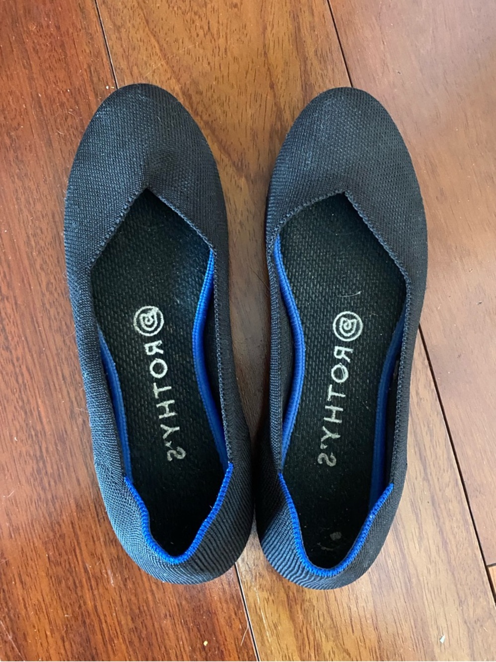 Rothy's Black Knit Slip-On Flats with Blue Accent